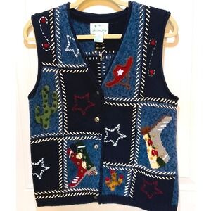 Quacker factory western cowboy boot cactus sweater vest women's S Embroidered TX